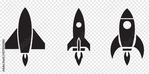 Rocket icons set. Space ship launch icon collection. Space rocket launch with fire. Black and White Rocket icon Vector illustration.