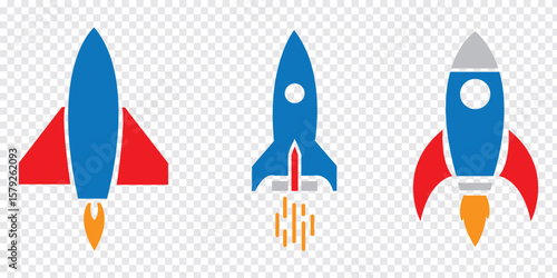 Rocket icons set. Colorful Rocket launched concept. Space rocket launch with fire. High quality Blue, Red and Orange colors Rocket icon. Vector Illustration. 