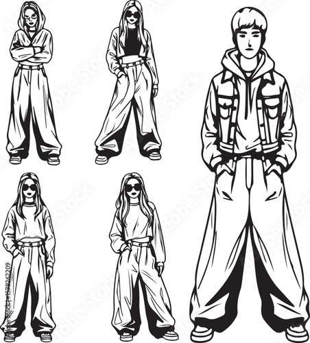 Trendy girls and boys sketches in baggy pants, streetwear fashion illustration, oversized outfit style, cool youth design, casual urban look, hand-drawn vector for apparel, posters, and prints