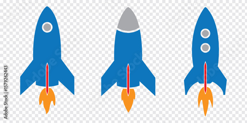 Rocket icons set. Colorful Rocket launched concept. Space rocket launch with fire. High quality Blue, Red and Orange colors Rocket icon. Vector Illustration. 