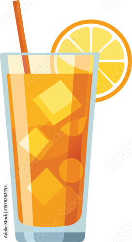 Fresh Produce Basket Collections Refreshing Iced Orange Juice Drink with Ice Cubes and Straw in Tall Glass