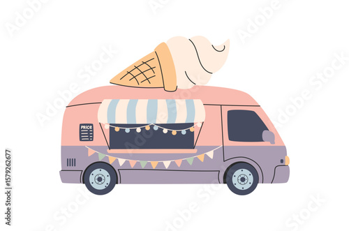 Ice Cream Summer Food Business Van Transport. Vector colorful flat ice cream truck.