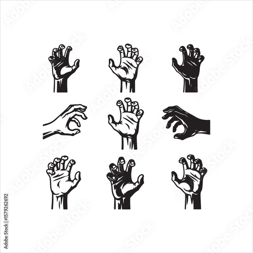 Collection of spooky clawed hands reaching out in a graphic style