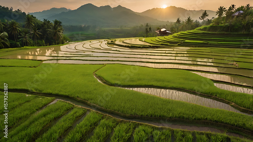 Minimal landscape of rice fields with layers of green under a soft sunset sky. Clean composition, warm golden light, and plenty of copy space. Perfect as a calming nature background  