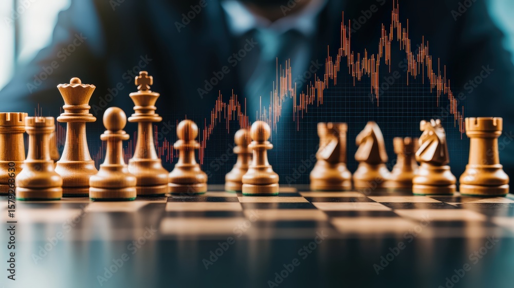 Chess opening strategy game with detailed chess pieces and digital financial growth graphs in background Chess opening strategy game with detailed chess pieces and digital financial growth graphs in background