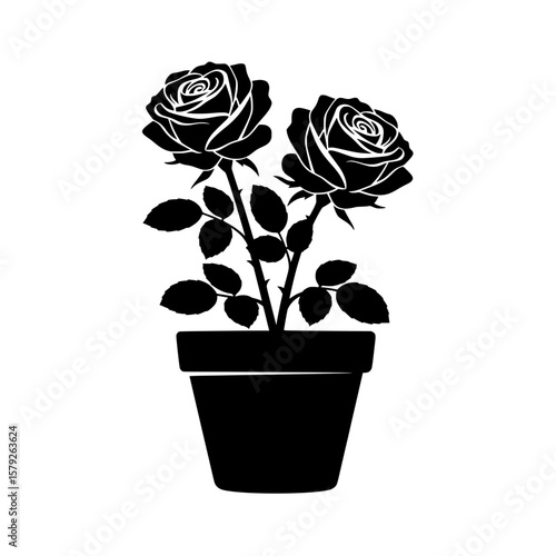 Simple and elegant vector illustration of two blooming roses in a flower pot.