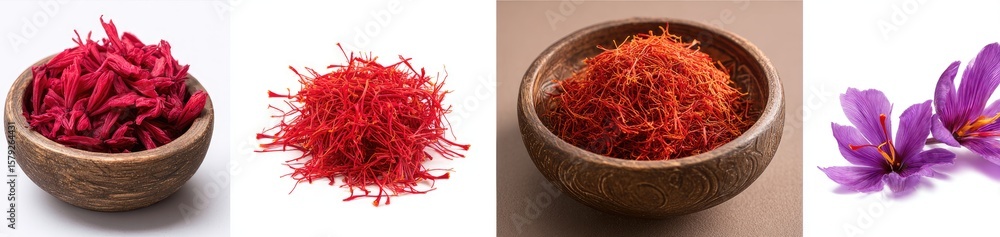 Naklejka premium Saffron threads in wooden bowls, showcasing dried red stigmas and fresh purple flowers