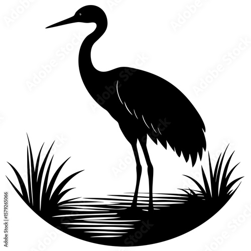 Elegant heron standing near reeds and water silhouette vector illustration