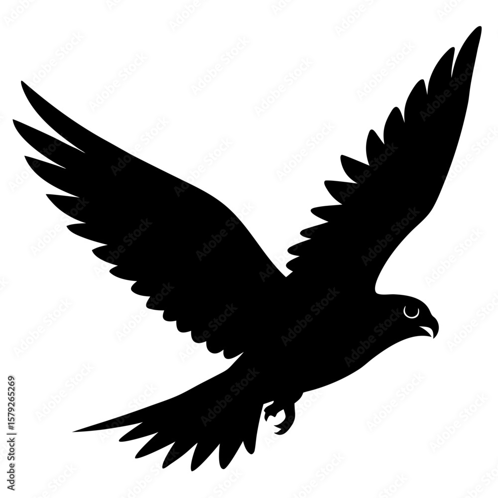 Fototapeta premium Flying falcon with spread wings black silhouette vector illustration