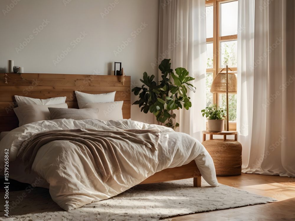 Fototapeta premium Sunlit Bedroom A Cozy Oasis of Comfort and Natural Beauty for Peaceful Sleep and Relaxation