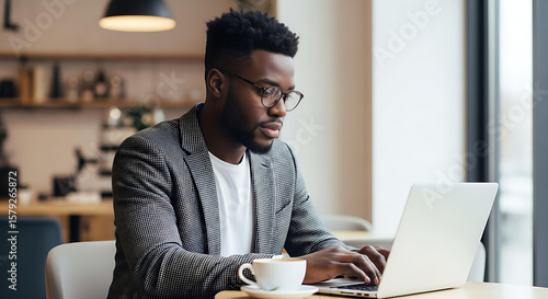 Elegant African man working on his laptop, drinking coffee indoors at a cafe with bright natural light from a large window