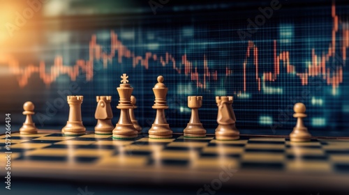 Wallpaper Mural Strategic Chess Game with Wooden Pieces and Digital Stock Market Graphs in Background Torontodigital.ca