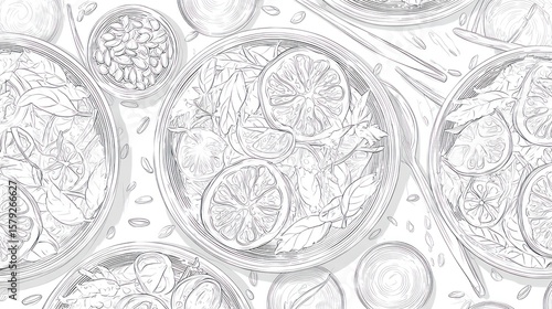 Seamless pattern of hand-drawn salad bowls