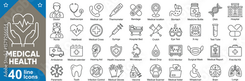 Medical health line icon set. Vector pack of hospital, wellness, organs, DNA, ambulance, healthcare doctor, treatment, stethoscope, report, and more collection.