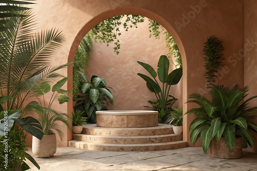 Tropical stone podium in a beautiful garden.