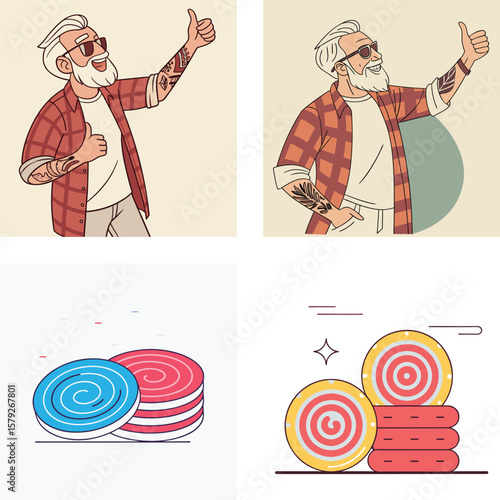 Cool bearded man with tattoos gives thumbs up next to game pieces