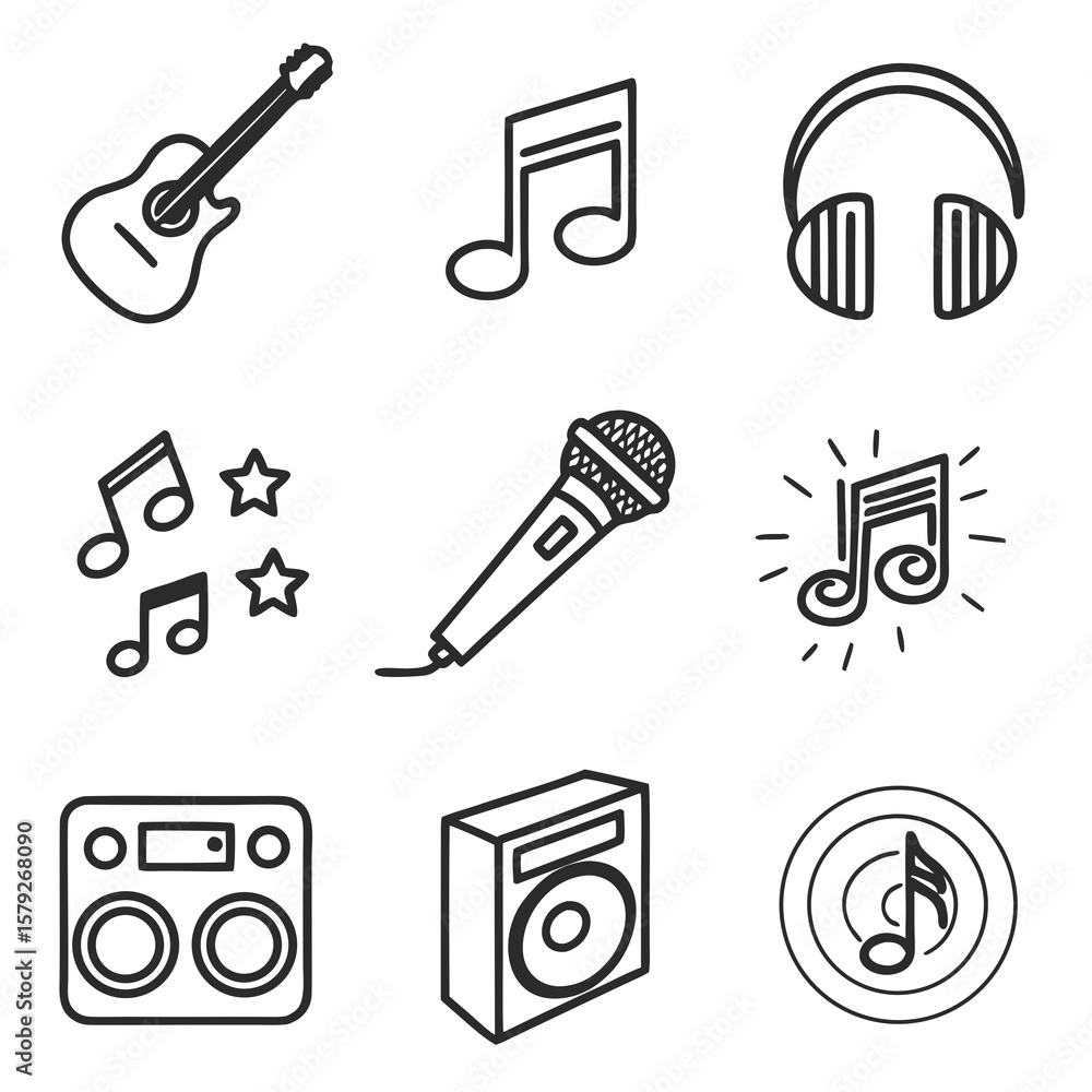 Fototapeta premium Collection of musical instruments and symbols in a clean line art style