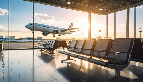 Airport Terminal Interior with View of Airplane Flying During Golden Hour Sunset Travel Concept