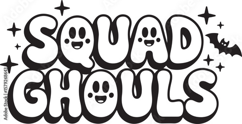 Squad Ghouls Halloween Retro Lettering SVG, Cute Ghost Text Design.