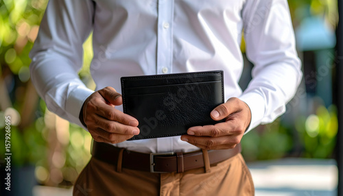 Black Leather Card Holder Held by Man in Professional Outdoor Setting