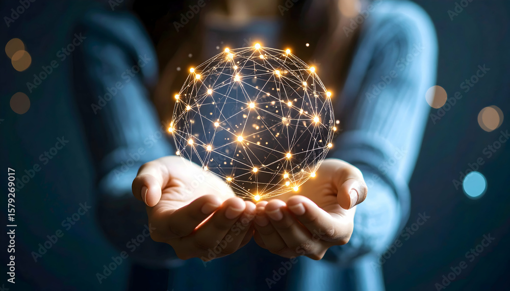 Fototapeta premium Cupped Hands Holding Glowing Digital Network Sphere on Dark Background Symbolizing Global Connection and Future Technology