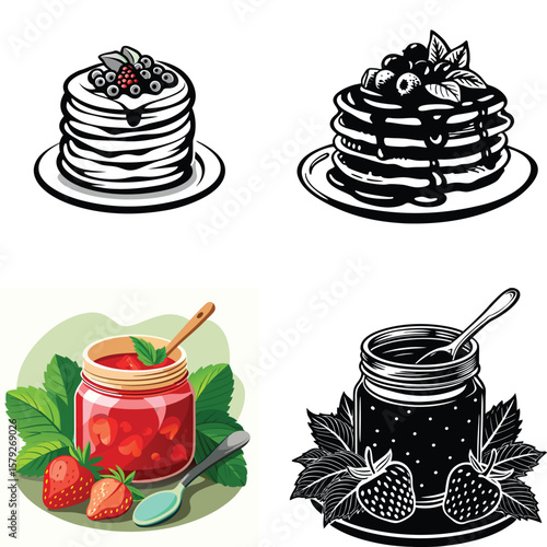 Delicious berry pancakes and strawberry jam illustrations for food and beverage designs