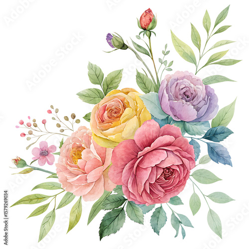 Watercolor floral clipart,delicate floral arrangements of roses, peonies, bright rainbow colors, flowers with green foliage, white background, botanical illustration style