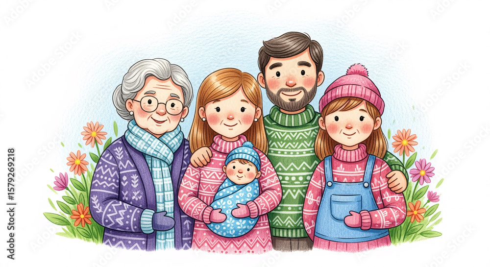 Cute Three Generations Family Portrait Illustration with Winter Clothes and Floral Accents Cute Three Generations Family Portrait Illustration with Winter Clothes and Floral Accents