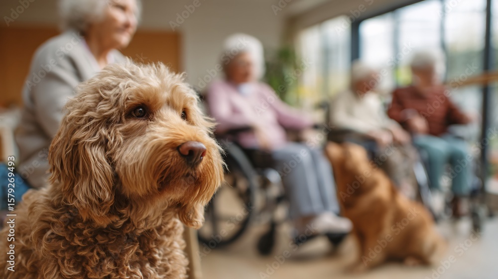 A close-up of a therapy dog with elderly individuals in the background at a care facility, highlighting the emotional benefits and companionship that animals provide in senior care environments. A close-up of a therapy dog with elderly individuals in the background at a care facility, highlighting the emotional benefits and companionship that animals provide in senior care environments.