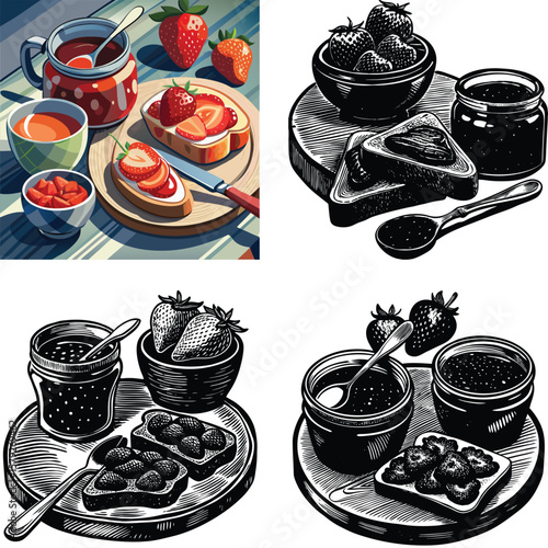 Delicious strawberry toast and jam breakfast spread with fresh fruit