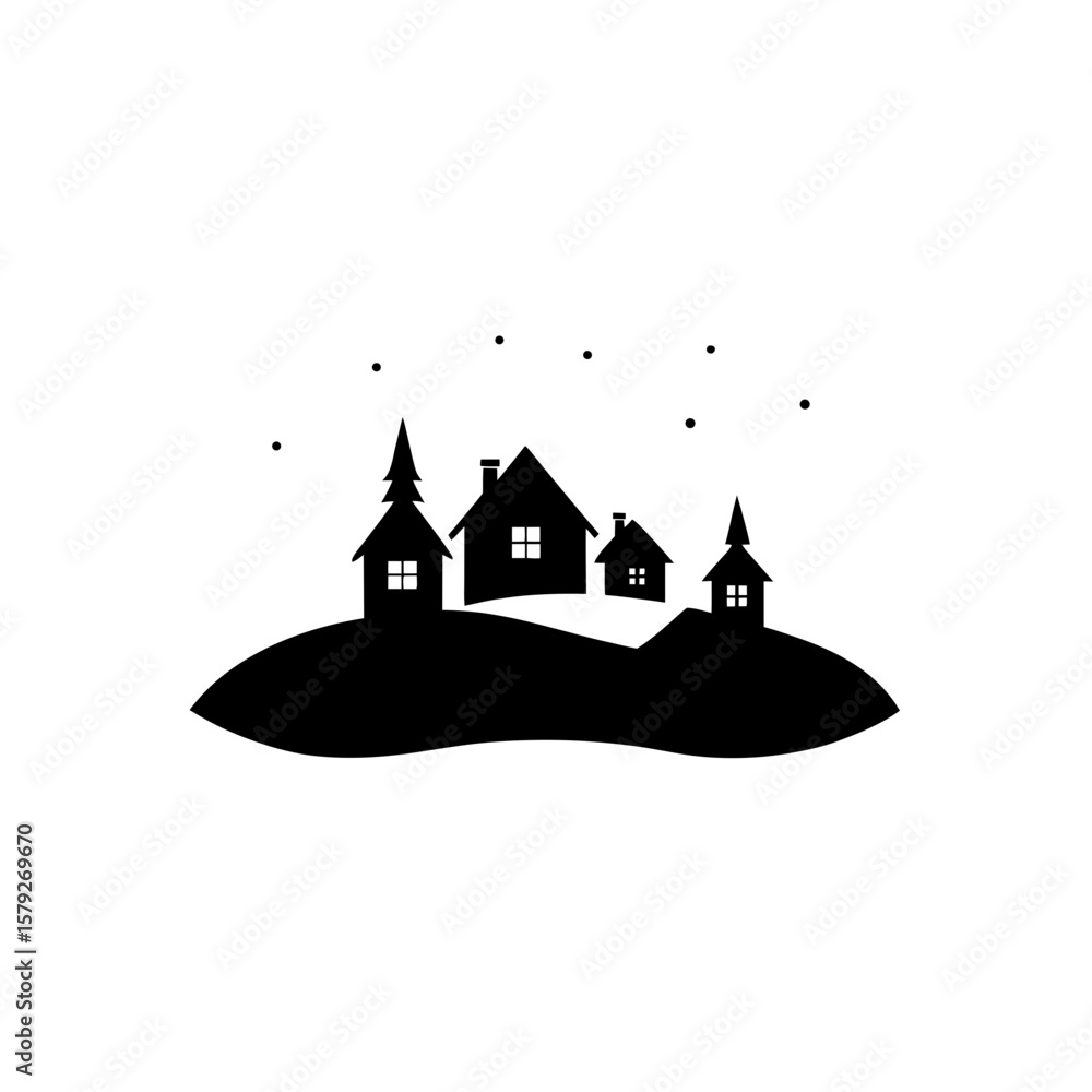 Obraz premium Modern Winter Village Silhouette Vector Art Scene on Clean Background