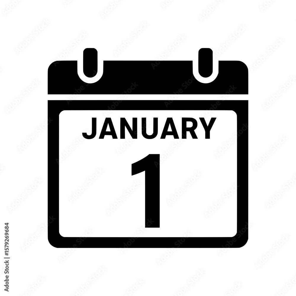 A black vector illustration of a calendar showing January 1. A black vector illustration of a calendar showing January 1.