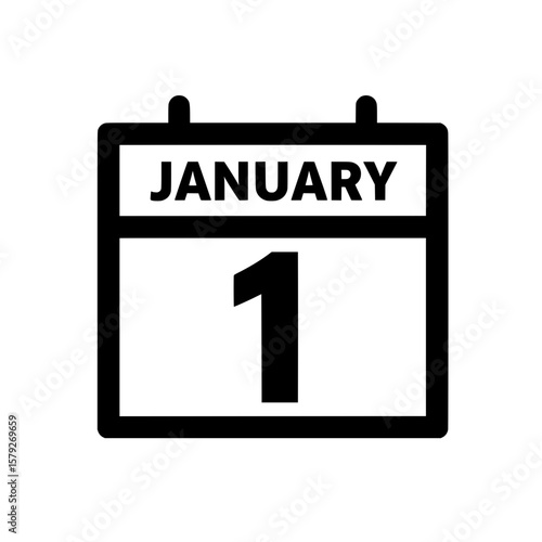A black vector illustration of a calendar showing January 1.