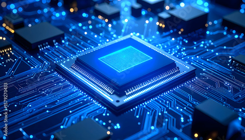 Futuristic Blue Glowing Microchip on Dark Circuit Board with Digital Connections