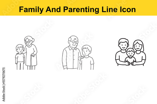 Family and Parenting Line Icons Generational Relationships Depicted in Simple Black and White Illustrations