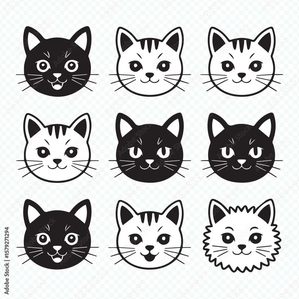 Fototapeta premium adorable kitten face vector set illustrations with diverse emotions, flat style cat emoji pack for web and app icons