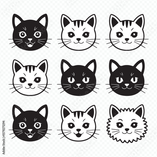 adorable kitten face vector set illustrations with diverse emotions, flat style cat emoji pack for web and app icons