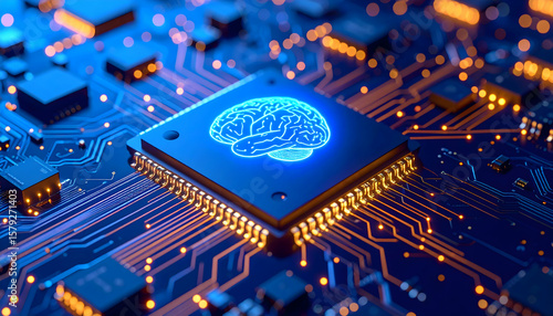 Glowing Brain Chip on Blue Circuit Board Representing Artificial Intelligence and Digital Computing