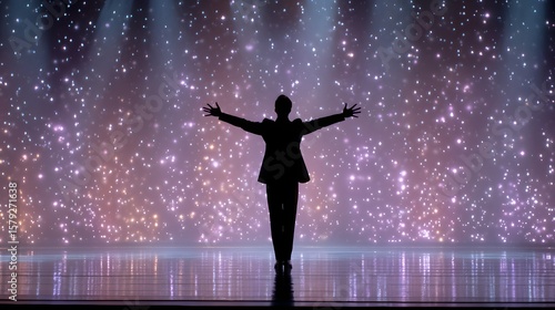 Silhouette of a Performer on Stage with Dramatic Lights and Sparkling Background Effects