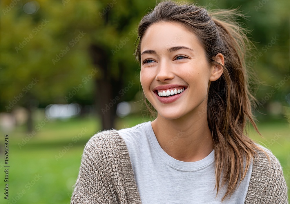 A young woman smiling with perfect teeth in the park, close-up portrait photography, green background A young woman smiling with perfect teeth in the park, close-up portrait photography, green background