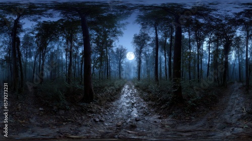 Fototapeta Naklejka Na Ścianę i Meble -  High-quality photo of 360 degree, dark forest path illuminated by the moon, with ghostly apparitions floating. HDRI spherical panorama.