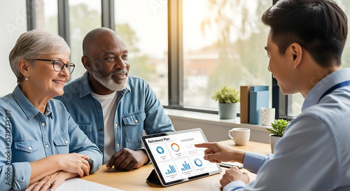 Mature couple reviews financial data with advisor, using a tablet at an office with a bright window in the background.