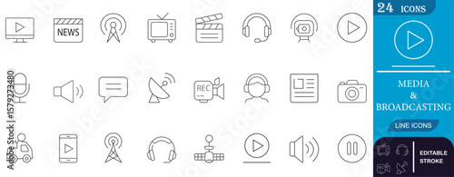 Minimal line icons for media and broadcasting, including mic, camera, TV, play, satellite, and news symbols. Perfect for apps, websites, and creative projects.