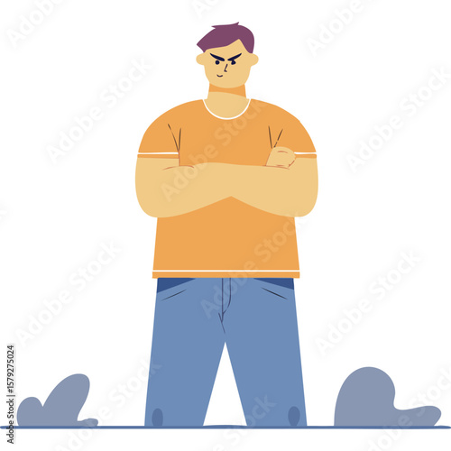Frustrated man with arms crossed and speech bubble expressing displeasure and anger