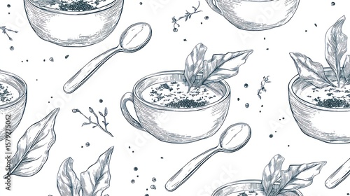 Seamless pattern of hand-drawn soup bowls (2)