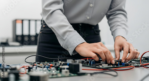 Woman skillfully works on a circuit board, showcasing electronics repair, innovation, and technology development.