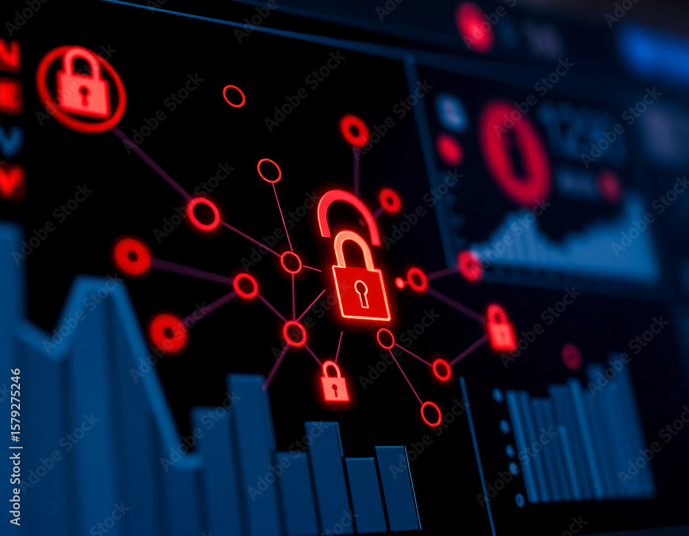 Fototapeta premium Cybersecurity Interface Displaying Red Luminous Lock Icons and Network Connections, Symbolizing Data Breach Alerts and Digital Security Threats
