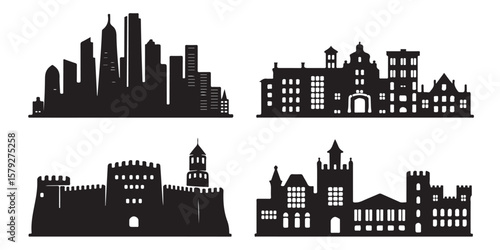 BLACK set of vector VARIOUS city silhouette	
