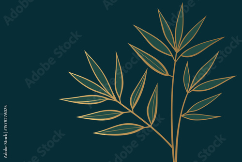 Elegant Golden Outline Of Bamboo Leaves On A Dark Teal Textured Background Minimalist Nature Botanical Design