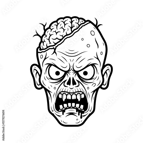  A detailed and frightening black illustration of a zombie head with an exposed brain and angry expression.